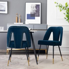 A&A Furniture,Akoya Collection Modern  Contemporary Velvet Upholstered Dining Chair With Nailheads And Gold Tipped Black Metal Legs,Blue,Set Of 2
