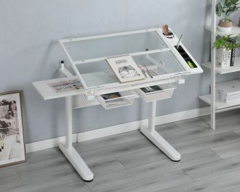 Hand Crank Adjustable Drafting Table Drawing Desk With 2 Metal Drawers White  WITH STOOL