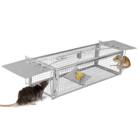 Dual Door Rat Trap Cage Humane Live Rodent Dense Mesh Trap Cage Zinc Electroplating Mice Mouse Control Bait Catch With 2 Detachable U Shaped Rod