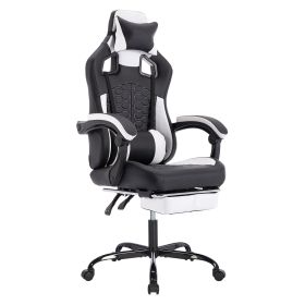 Gaming Chair With Massage,Ergonomic PC Gaming Chair With Footrest Comfortable Headrest And Lumbar Support,High Back PVC Leather,300LBS Black White