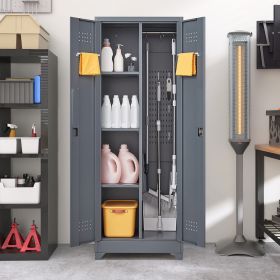 Broom Storage Cabinet With Locking Doors And Shelves, 65  H Metal Storage Cabinet With Hanging Rod & S-Hooks, Cleaning Tool Storage Cabinet Grey