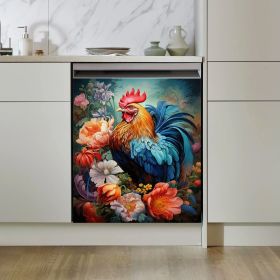 1 Pcs 2D FLAT Dishwasher Magnet Cover, Rooster and Flowers - Refrigerator Door Sticker, Easy to Clean Appliance Panel Sticker