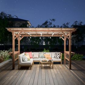 13' X 6.5' Wooden Pergola Grill Gazebo With Metal Roof & Bulbs & Bar Counters