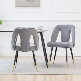 AA Furniture,Akoya Collection Modern Contemporary Velvet Upholstered Dining Chair With Nailheads And Gold Tipped Black Metal Legs Gray  Set Of 2