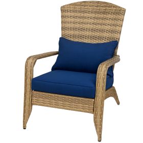 Patio Adirondack Chair With Rattan Wicker, Soft Cushions, Tall Curved Backrest For Deck Or Garden, Dark Blue