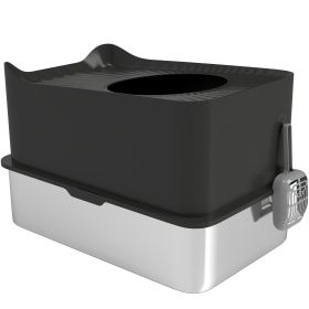 Extra Large Stainless Steel Litter Box, Enclosed Cat Litter Box With Scoop, Top Entrance, Non-slip Pads, Black