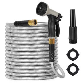 Metal Garden Hose, 100ft Stainless Steel Flexible Water Hose With 10 Adjustable Patterns Spray Nozzle, Heavy Duty Water Pipe , Kink Free , 2 Nozzles (Option: 50FT)