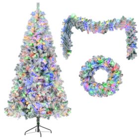 6FT Snow Flocked Christmas Tree, Pre-Lit Set With Tree & Garland & Wreath, Artificial Hinged Xmas Tree With Colorful LED Lights, 8 Lighting Modes (Option: WhiteGreen)