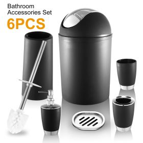Bathroom Accessories Set 6 Pcs Bathroom Set Ensemble Complete Soap Dispenser Toothbrush Holder Tumbler Soap Dish Toilet Cleaning Brush Trash Can (Color: Black)