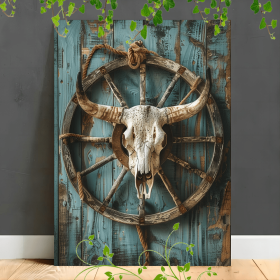 Rural Western Cowhead And Wagon Wheel Canvas Art - Old Wooden Frame, Perfect For Home Decor, Anniversaries, Birthdays, And Ideal For Room Decoration (Option: 24x16in)