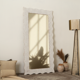 Rustic White Solid Wood Handcarved Wave Design Rectangle Mirror Accent-36 X 72 (Color: White)