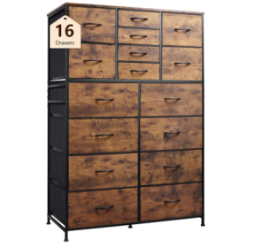 16 Drawer Dresser With Fabric Bins, Sturdy Steel Frame And Wood Top (Color: Brown)