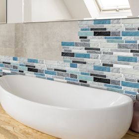 12 PCS Marbled Effect Waterproof Oil-Proof Peel And Stick Tile Stickers Blue Green For Kitchen Bathroom Laundry Room Wall Decor (PCS: 24XY-HTP-04)